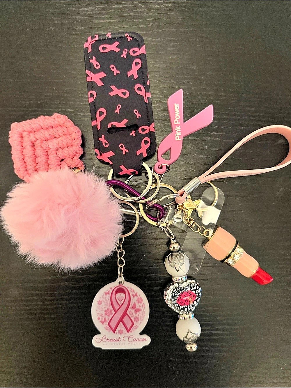 Breast Cancer Awareness Pink & Black Keychain Set Like New